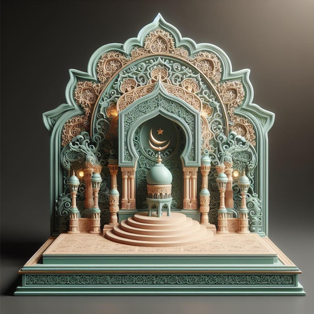 3d mint wall mosque on podium and islamic crescent ornaments