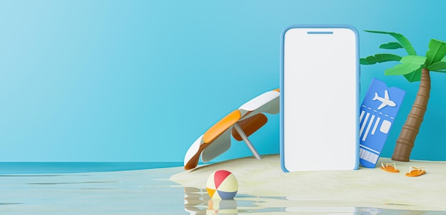 3D mobiele telefoon met leeg scherm mockup op zandstrand op zee achtergrond voor de tentoonstellingen Presentatie van producten Zomer tropische achtergrond 3d render illustratie