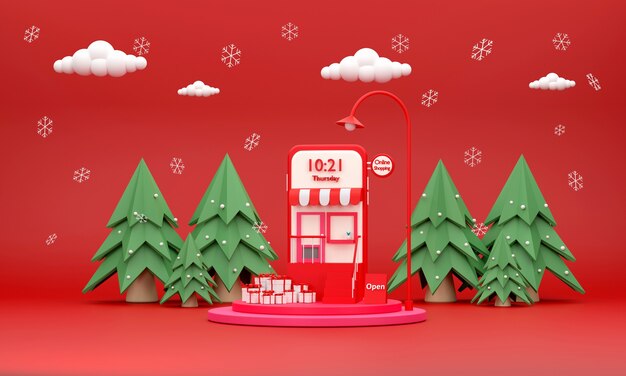 3D. mobile phone that runs an online store and podium on christmas theme. concept online selling.