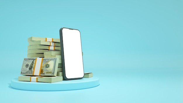 3D mobile phone with blank screen in front of stacks of 100 US dollar notes on pedestal