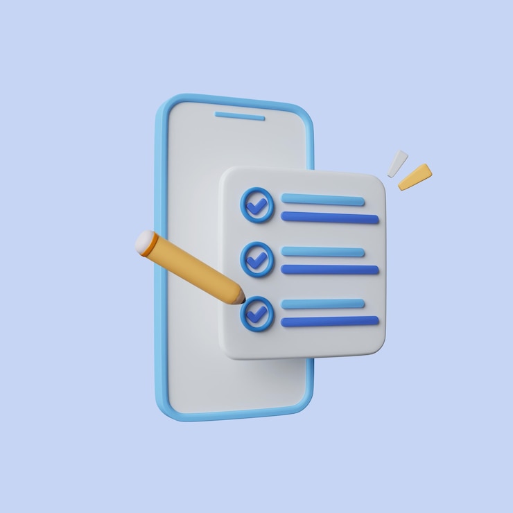 Photo 3d mobile phone with checklist smartphone screen with checkmarks to do list with completed tasks note with survey or done test icon clipping path 3d render illustration