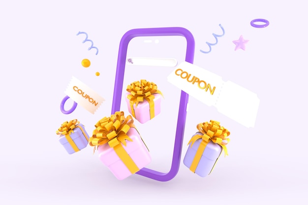 3d mobile phone with gift boxes and coupons flying out of\
screen cartoon big shopping sale promotion in app smartphone with\
wrapped presents or bonus spirals stars spheres rings