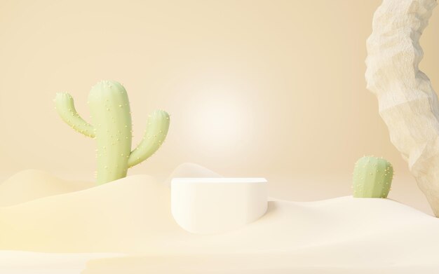 3D Mock up bruin crème podium met Cactus en Sands woestijn mini thema voetstuk podium voor product en cosmetische presentatie abstracte kleurrijke scène voor reclame verkoop promotie achtergrond