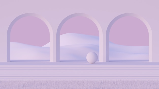 Photo 3d mock up mid century style podium with abstract minimalistic arcade and mountain landscape in light pink palette.