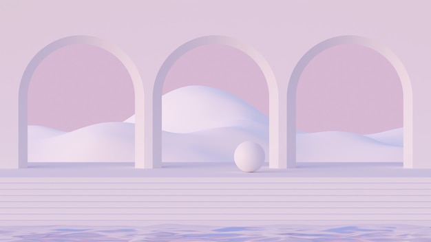3D mock up mid century style podium with abstract minimalistic arches on water and mountain landscape