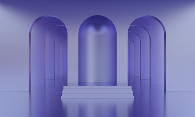 3D mock up podium in empty abstract minimalistic purple room with arches for product presentation. Stylish modern platform in mid century style in a lilac color palette. 3D render