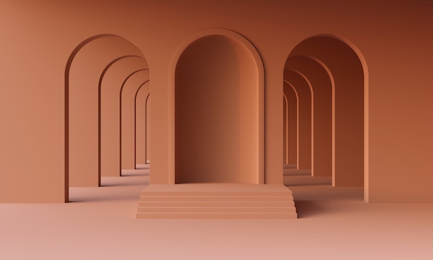 3D-макет подиума в пустой абстрактной минималистичной терракотовой комнате с арками для презентации продукта. Стильная современная платформа в стиле середины века в землистой или ярко-оранжевой гамме. 3D визуализация
