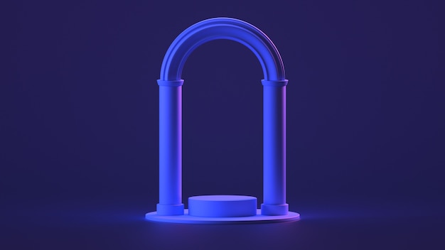 3d mock-up podium with arch. Geometric background in blue colors. Abstract modern platform for product or cosmetics presentation. Bright stylish contemporary backdrop. Render scene.