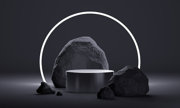 Photo 3d mock up podium with natural stones and neon lighting in a total black palette. modern platform for product or cosmetics presentation. dark minimalistic trendy background.
