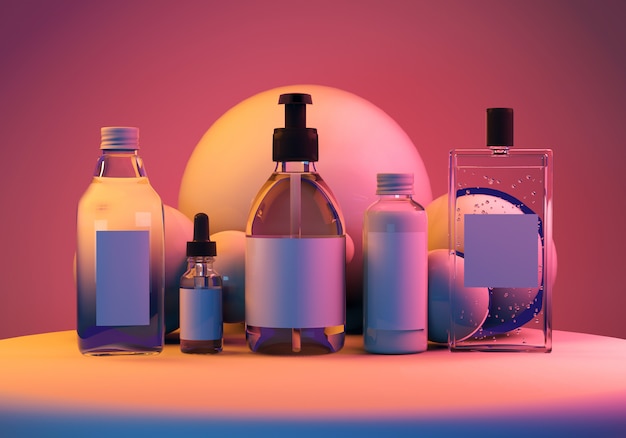 Photo 3d mock up render of a set of bottles for care