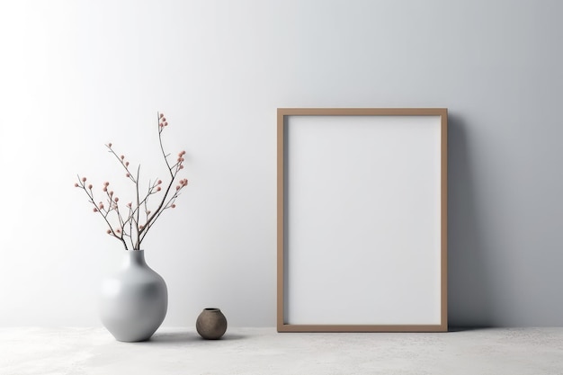 3D mockup art houten frame met takken en vaas in de stijl van Japans minimalisme