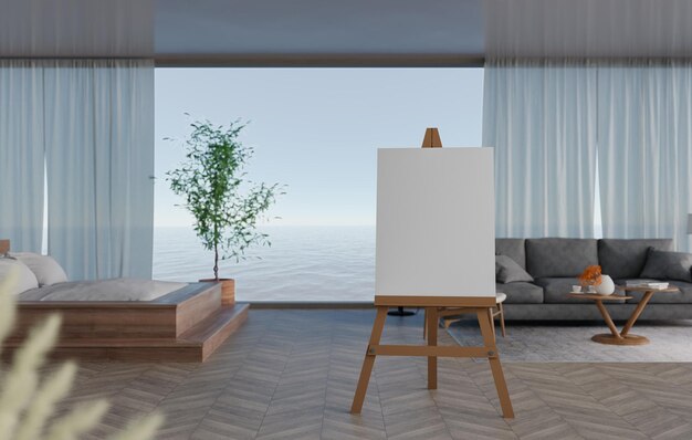 3D mockup blank canvas on Wooden easel in bedroom rendering