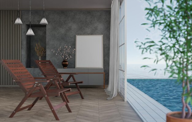 3D mockup blank photo frame in living room rendering