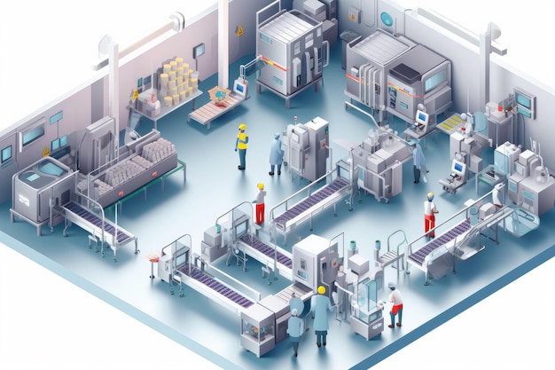 3D mockup illustration of contemporary hightech production workshop Facility with modern industrial machinery and conveyors Manufacturing process pharmaceutics semiconductors biotechnology