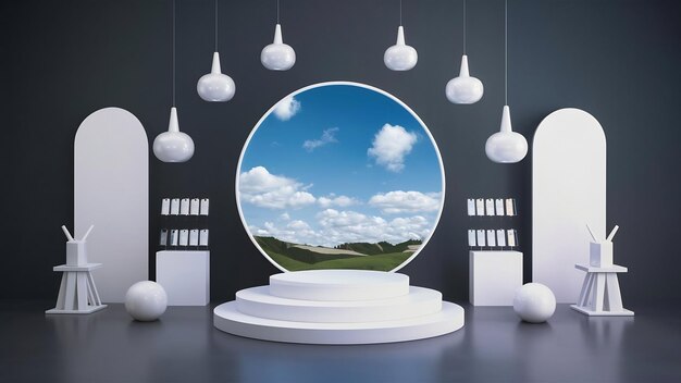 Photo 3d mockup podium sky in mirror white colors digital stand for gadgets scene dark template for prese