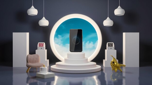 Photo 3d mockup podium sky in mirror white colors digital stand for gadgets scene dark template for prese