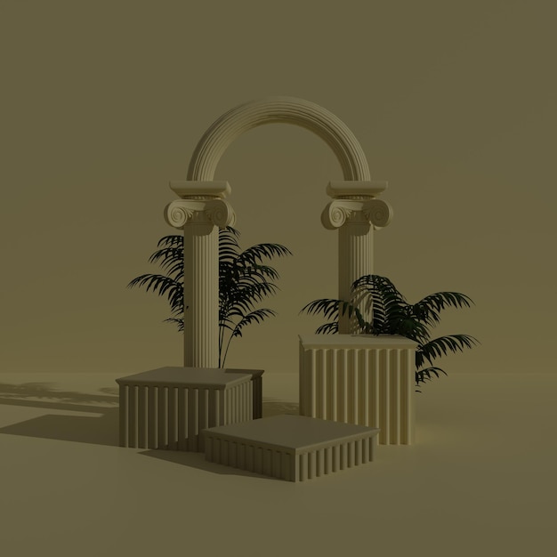 A 3d model of an arch with columns and plants.