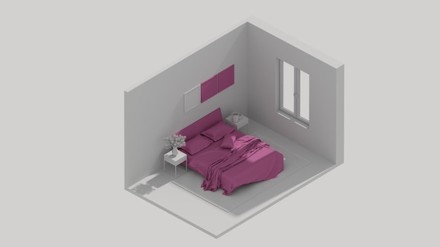 Photo a 3d model of a bedroom with a bed and a window.