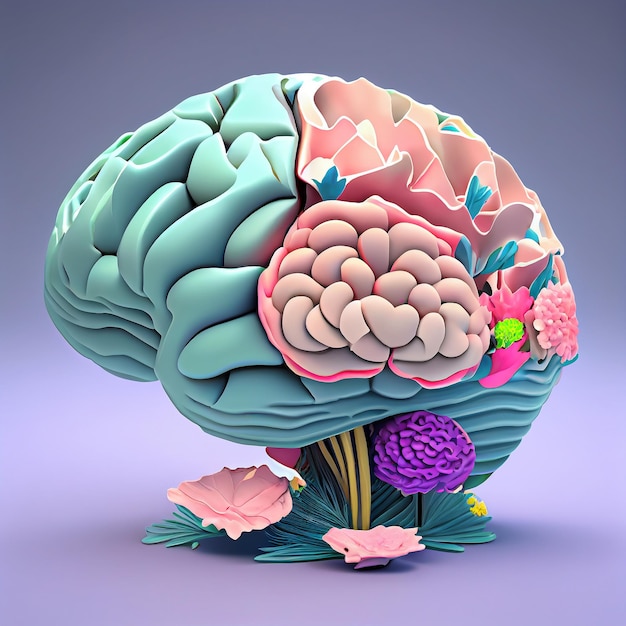 A 3d model of a brain with different colors and shapes.