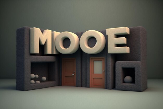 Photo a 3d model of a building with the word moe on it.