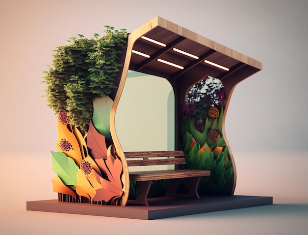 A 3d model of a bus stop with a tree on the top.