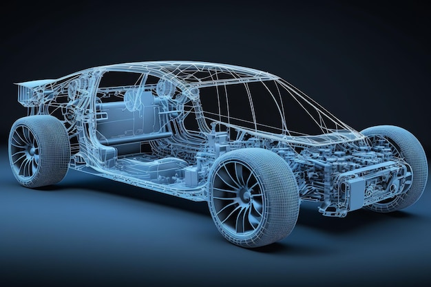 A 3d model of a car on a dark background a wireframe diagram of a car Generative AI