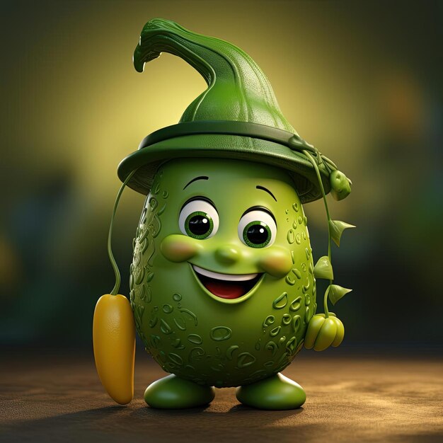 3d model for cartoon character with green pepper hat and eyes