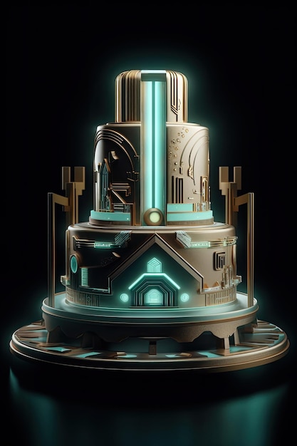 a 3d model of a castle cake with a blue glow.