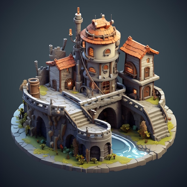 a 3d model of a castle in the middle of a field