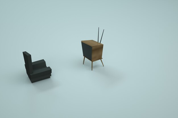 Photo 3d model of the chair and tv. home furniture on a colored background. computer graphics. isolated objects on a white background