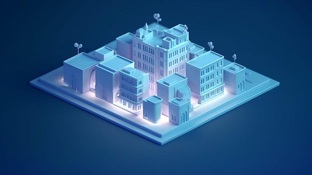 a 3d model of a city with a blue light.