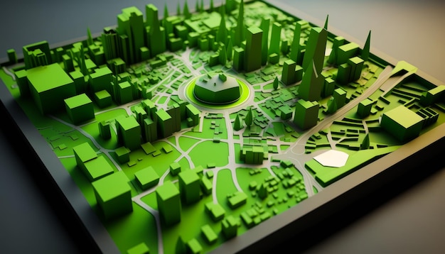 3d model of city with green buildings Generative AI