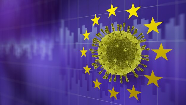 3D model of Coronavirus molecule in the center of round stars symbol of EU on the purple background of changing graphs financial market. Coronovirus pandemic and financial economic crisis concept.