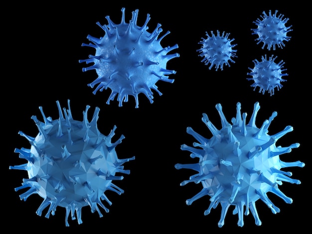 3D model of a coronavirus molecule. Set of blue virus without background. Polygon model on a black background.