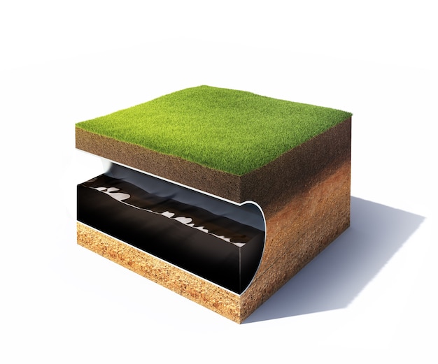 Photo 3d model of cross section of ground with grass and steel pipe isolated