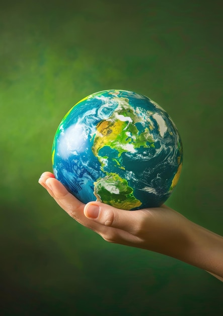 地球の3Dモデル - 緑の背景の手