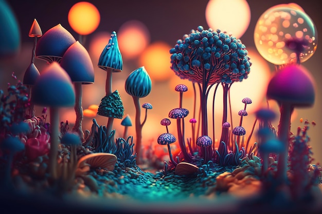 A 3d model of a fantasy world with mushrooms and a moon.