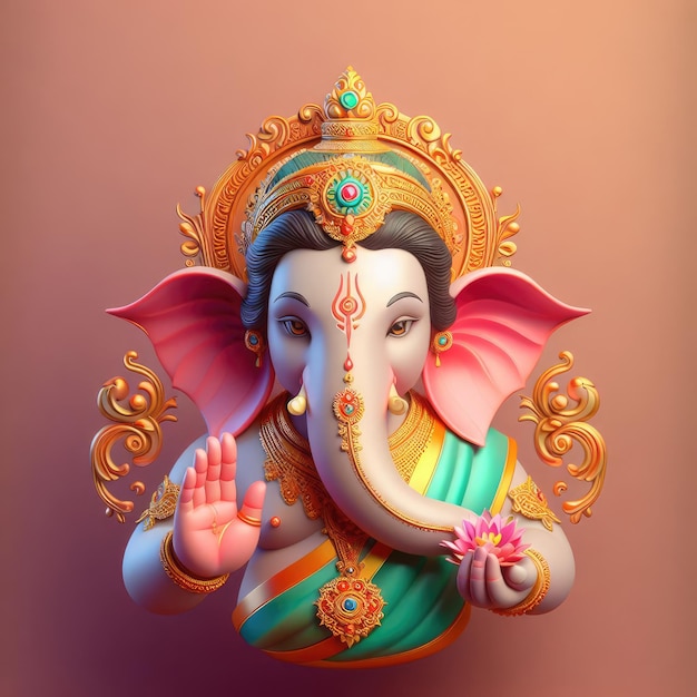 3d model ganesha head in realistic style colorful model with simple background