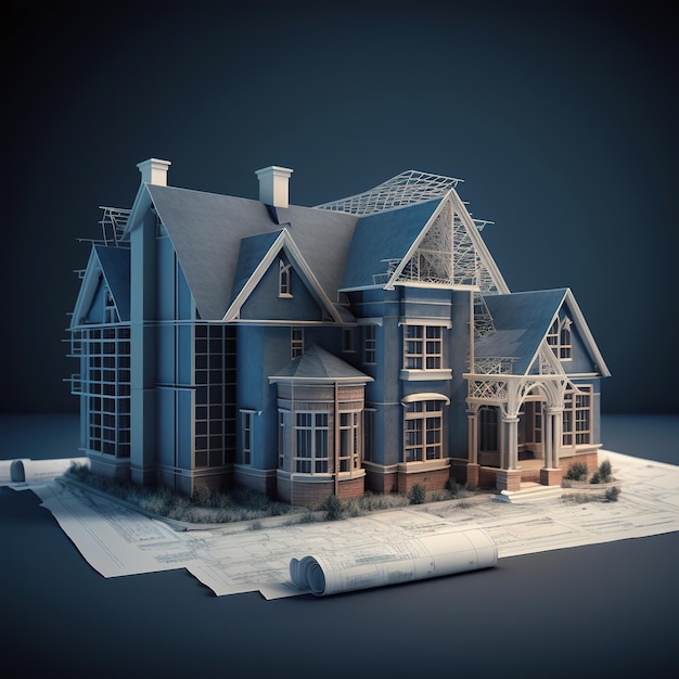 A 3d model of a house with a blue background.