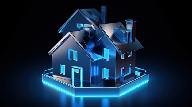 3d model of a house with blue lights