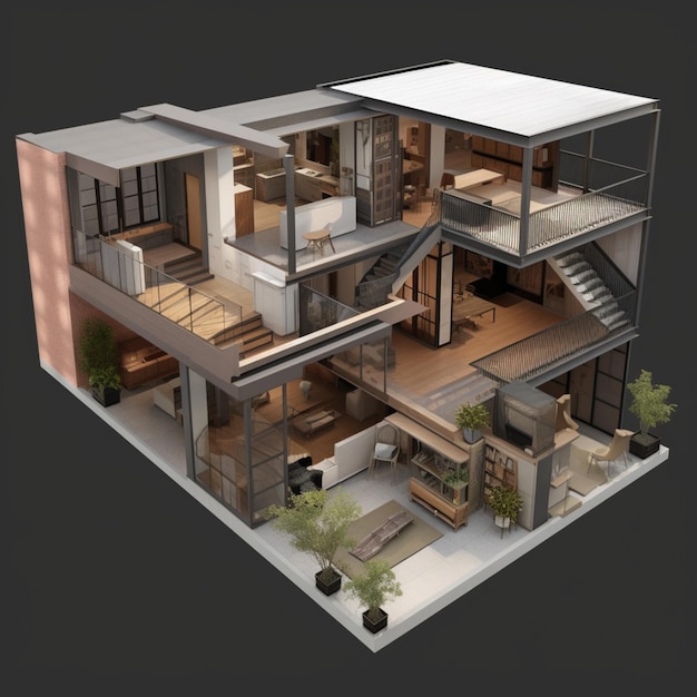 A 3d model of a house with a large floor plan.