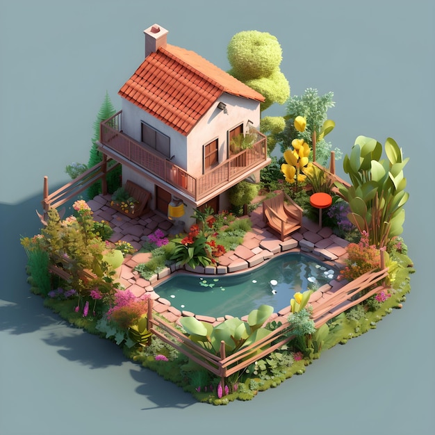 A 3d model of a house with a pool and trees.