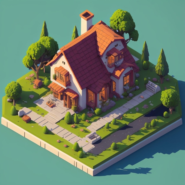 A 3d model of a house with a red roof and a small tree.