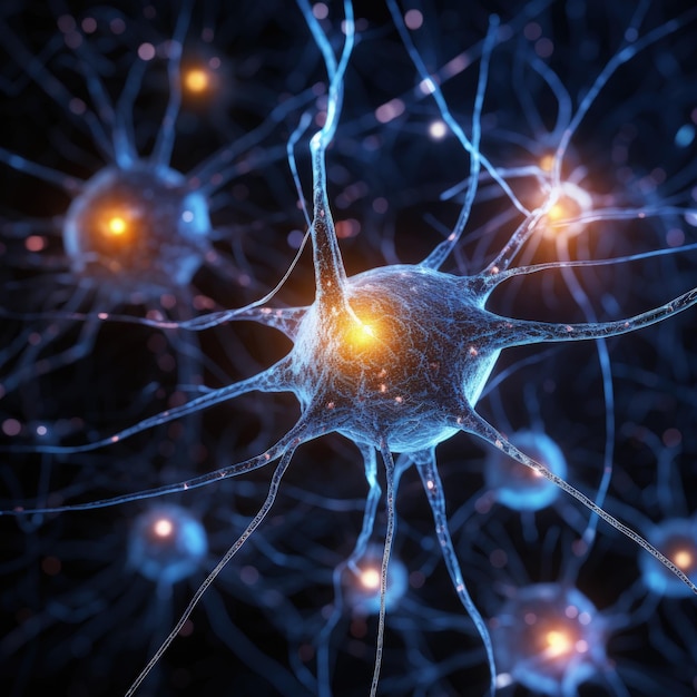 인간의 두뇌와 번개와 뉴런의 3d 모델