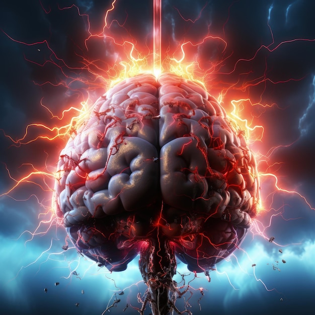 3d Model Of Human Brain And Neurons With Lightning