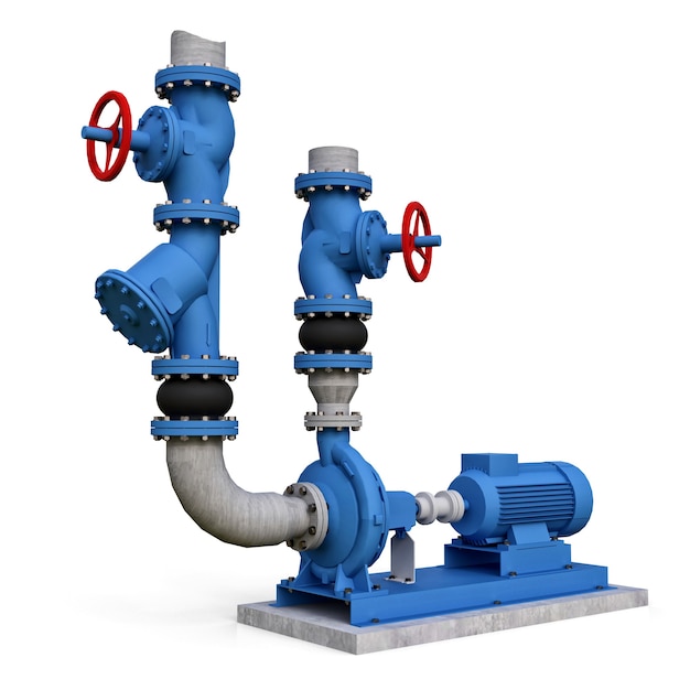 Modello 3d di pompa industriale e sezione di tubo con valvole di intercettazione. illustrazione 3d.