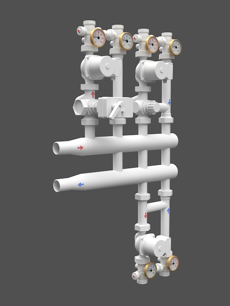 Modello 3d di una pompa industriale e una sezione di tubo con valvole di intercettazione. illustrazione 3d.