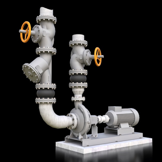 3D model of an industrial pump and pipe section with shut off valves on a black isolated background. 3d illustration.