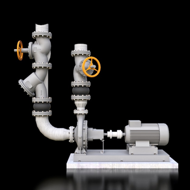 3D model of an industrial pump and pipe section with shut off valves on a black isolated space. 3d illustration.