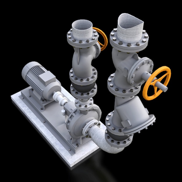 3D model of an industrial pump and pipe section with shut off valves on a black isolated space. 3d illustration.